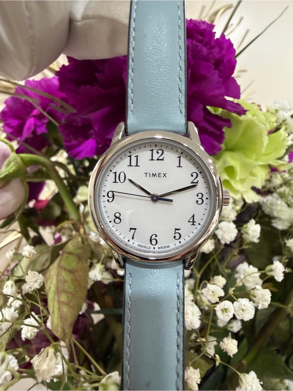 Timex Womens Easy Reader Watch 30mm White Dial Light Blue Leather Indiglo